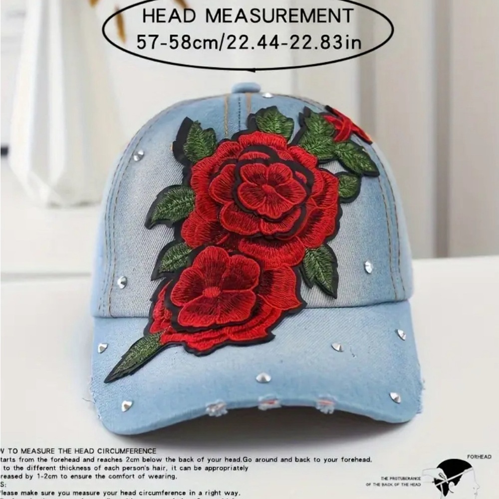 Denim Baseball Cap with Embroidered Peony and Rhinestone - Picture 3 of 3
